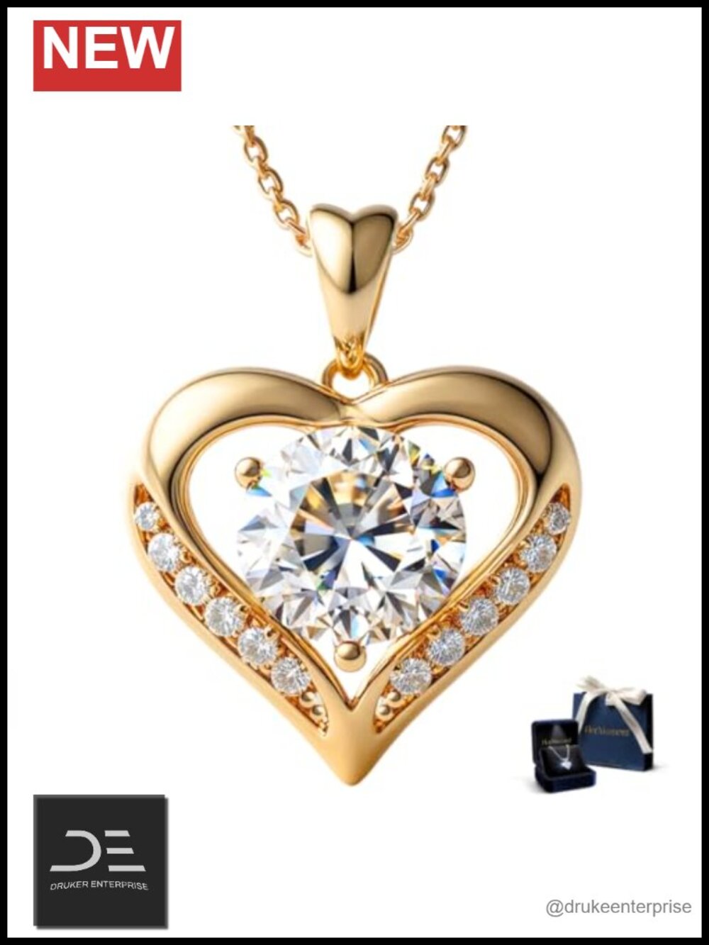 Women's Moissanite Heart Pendant Necklace 14K Gold Plated Sterling Silver